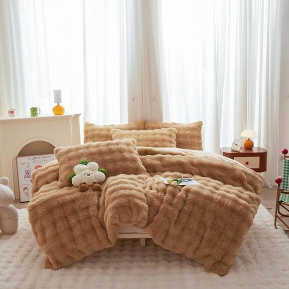 Bread Grid Coffee Rabbit Plush Faux Fur Comforter Set Queen Sz
